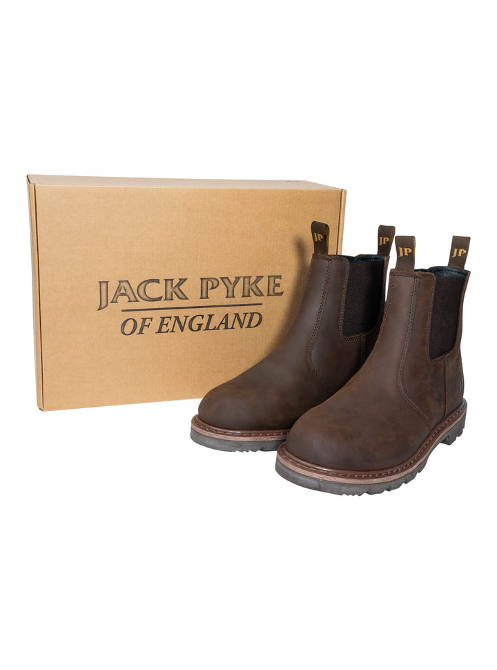 JACK PYKE Shires Mens Safety Dealer Boots – Oiled Leather Slip-On Chelsea Boots with Elastic Sides, Oil Resistant Sole and Double Pull Tabs for Country or Outdoor Use - Brown, Size 5-12 UK