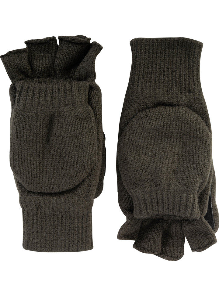 Jack Pyke Men’s Suede Palm Knitted Shooters Mitts Gloves – Convertible Thinsulate Fingerless Gloves with Mitten Flap, Warm Winter Shooting Mittens for Men with Suede  Grip –  Green