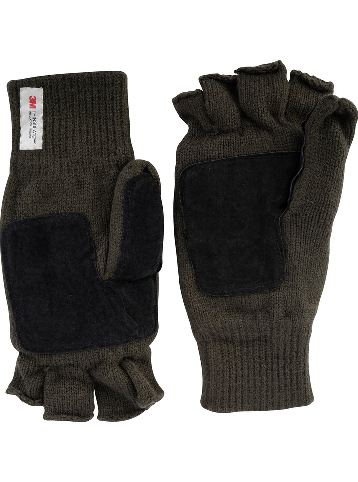 Jack Pyke Men’s Suede Palm Knitted Shooters Mitts Gloves – Convertible Thinsulate Fingerless Gloves with Mitten Flap, Warm Winter Shooting Mittens for Men with Suede  Grip –  Green