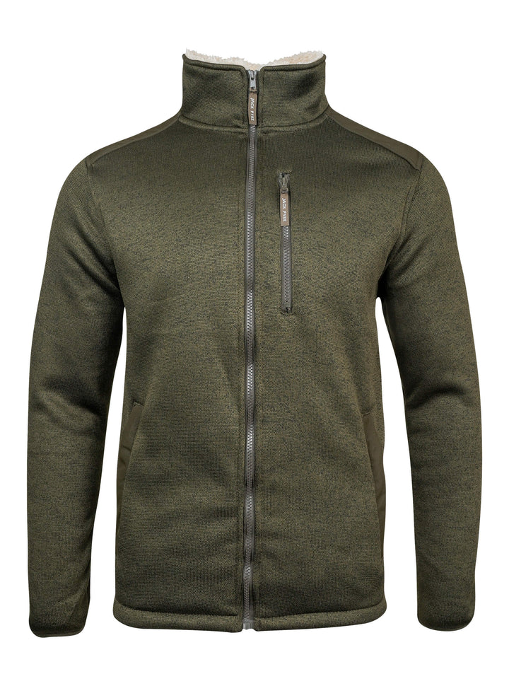 JACK PYKE Scandinavian Fleece Jacket for Mens – Soft Knitted Outer with Sherpa Lining, Full Zip Fleece Jumper with Zipped Pockets and Suede-Style Sleeve Patch, Warm Outdoor & Casual Wear - Dark Olive