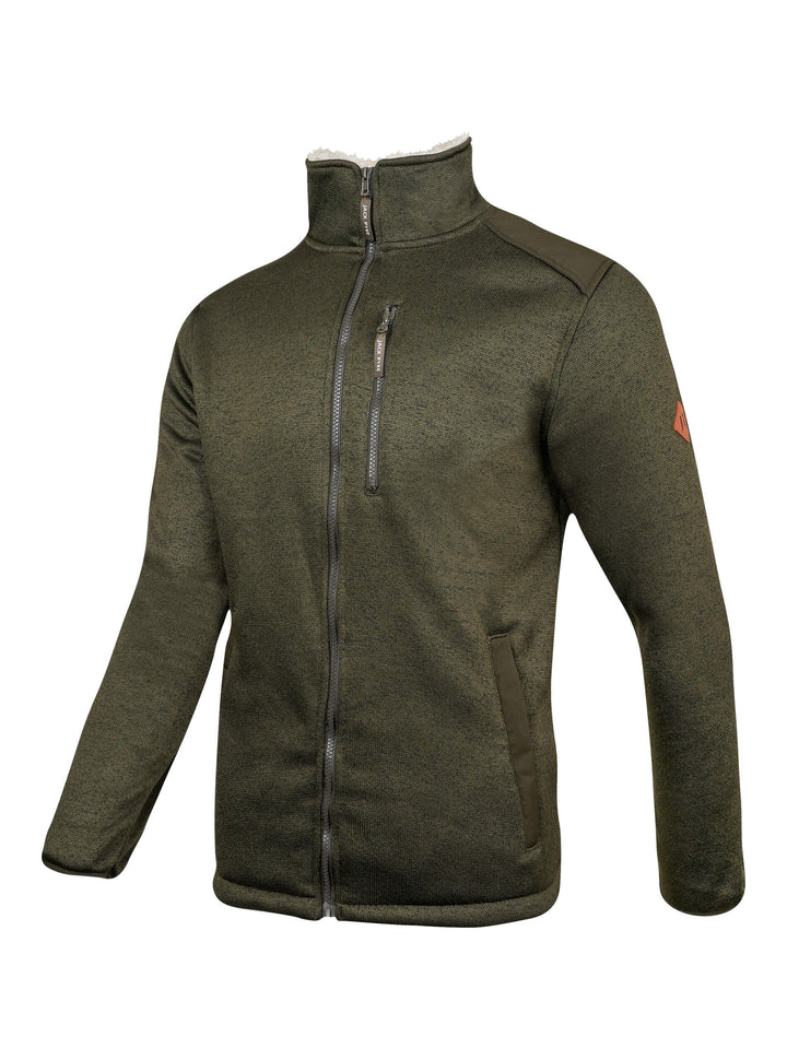 JACK PYKE Scandinavian Fleece Jacket for Mens – Soft Knitted Outer with Sherpa Lining, Full Zip Fleece Jumper with Zipped Pockets and Suede-Style Sleeve Patch, Warm Outdoor & Casual Wear - Dark Olive