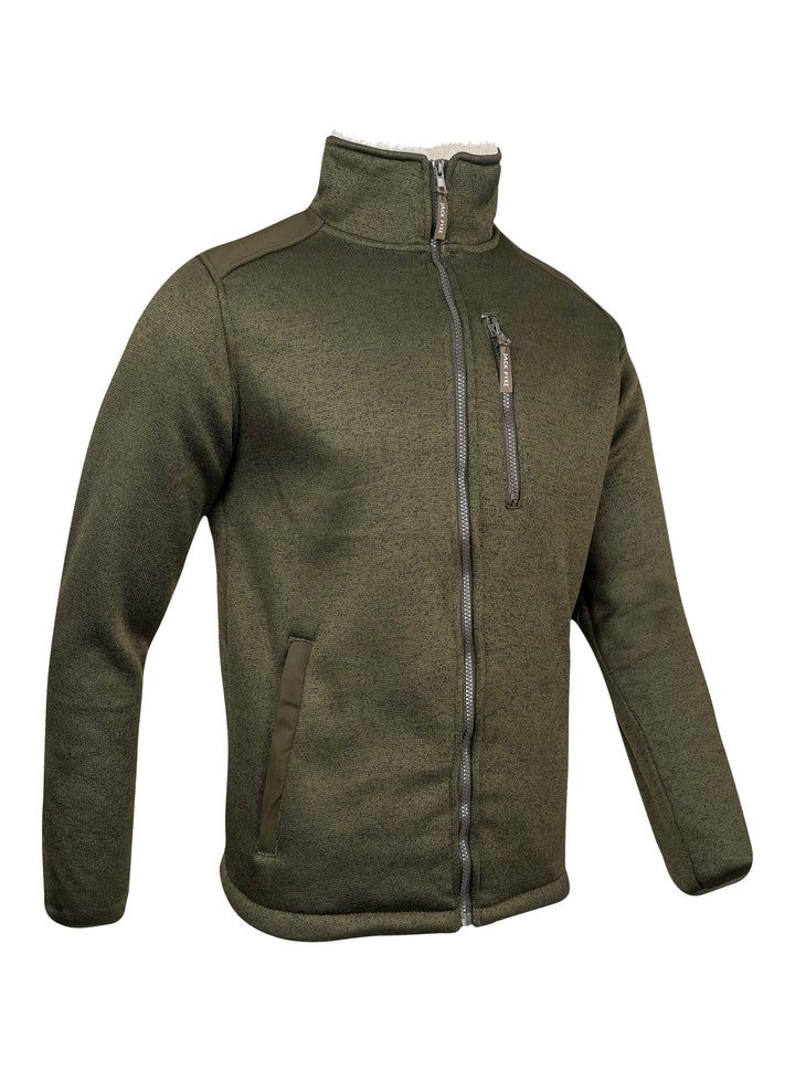 JACK PYKE Scandinavian Fleece Jacket for Mens – Soft Knitted Outer with Sherpa Lining, Full Zip Fleece Jumper with Zipped Pockets and Suede-Style Sleeve Patch, Warm Outdoor & Casual Wear - Dark Olive
