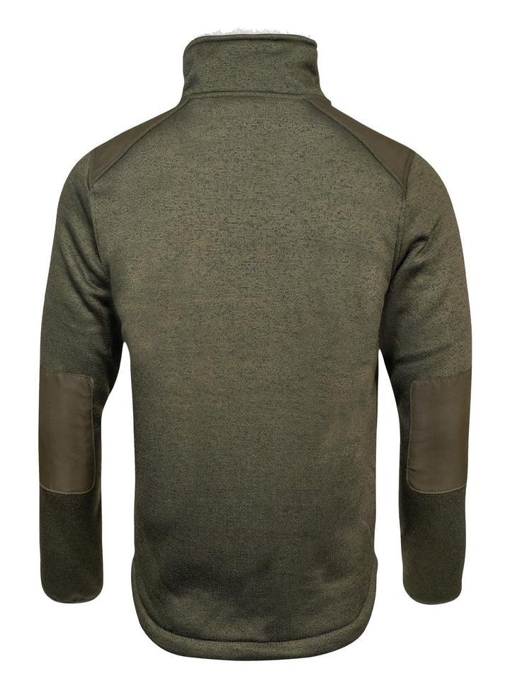 JACK PYKE Scandinavian Fleece Jacket for Mens – Soft Knitted Outer with Sherpa Lining, Full Zip Fleece Jumper with Zipped Pockets and Suede-Style Sleeve Patch, Warm Outdoor & Casual Wear - Dark Olive
