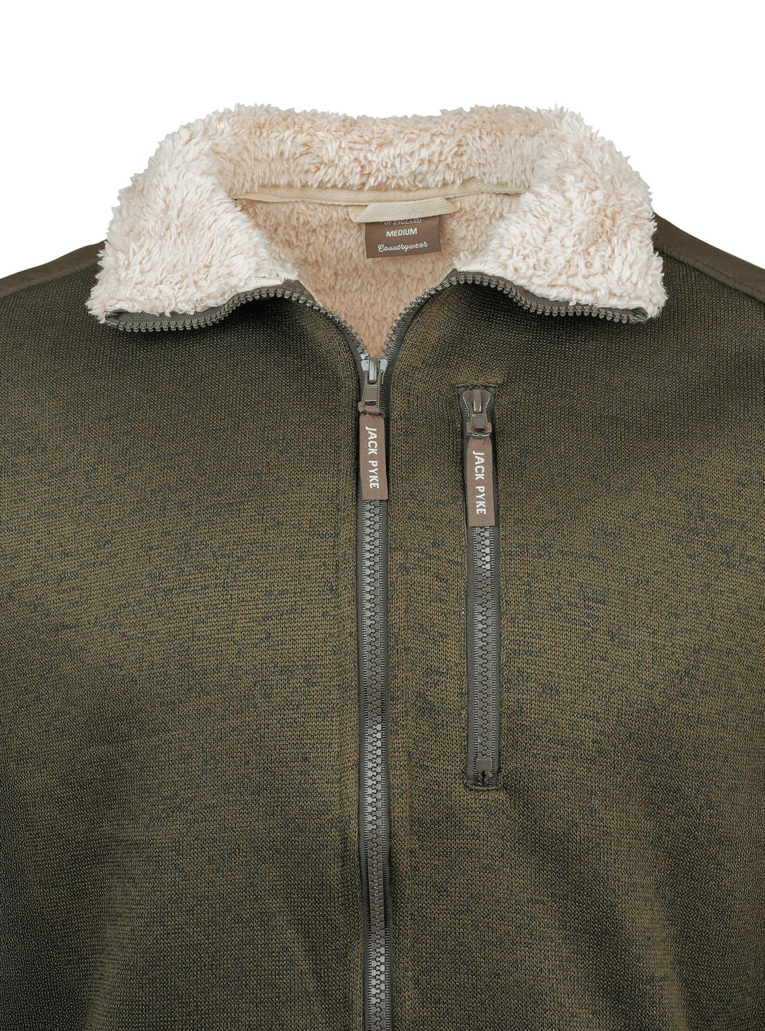 JACK PYKE Scandinavian Fleece Jacket for Mens – Soft Knitted Outer with Sherpa Lining, Full Zip Fleece Jumper with Zipped Pockets and Suede-Style Sleeve Patch, Warm Outdoor & Casual Wear - Dark Olive