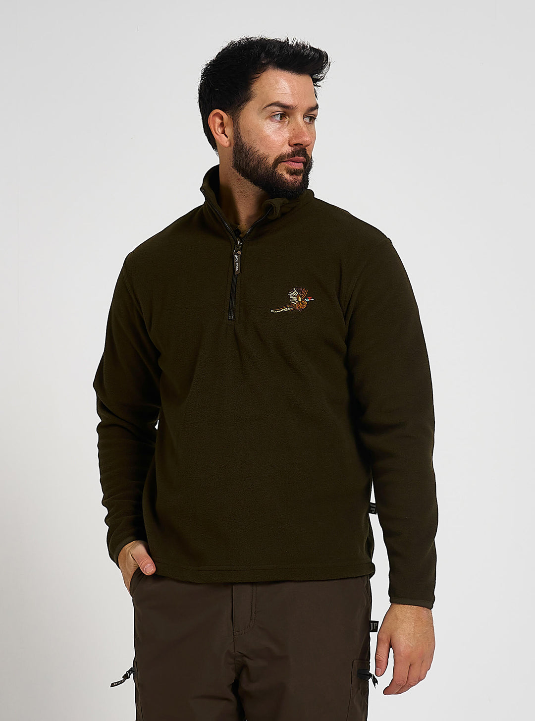 Jack Pyke Men’s Fleece Top 250GMS – Outdoor Fleece Pullover with Embroidered Pheasant Motif, Elasticated Cuffs & Extended Back, Field Jumper for Autumn, Winter