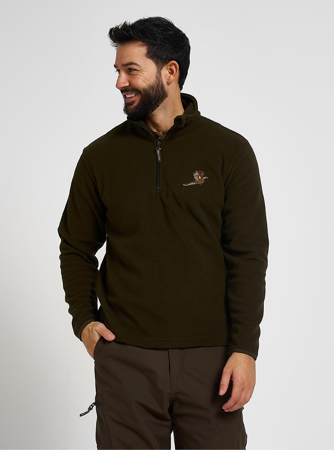 Jack Pyke Men’s Fleece Top 250GMS – Outdoor Fleece Pullover with Embroidered Pheasant Motif, Elasticated Cuffs & Extended Back, Field Jumper for Autumn, Winter