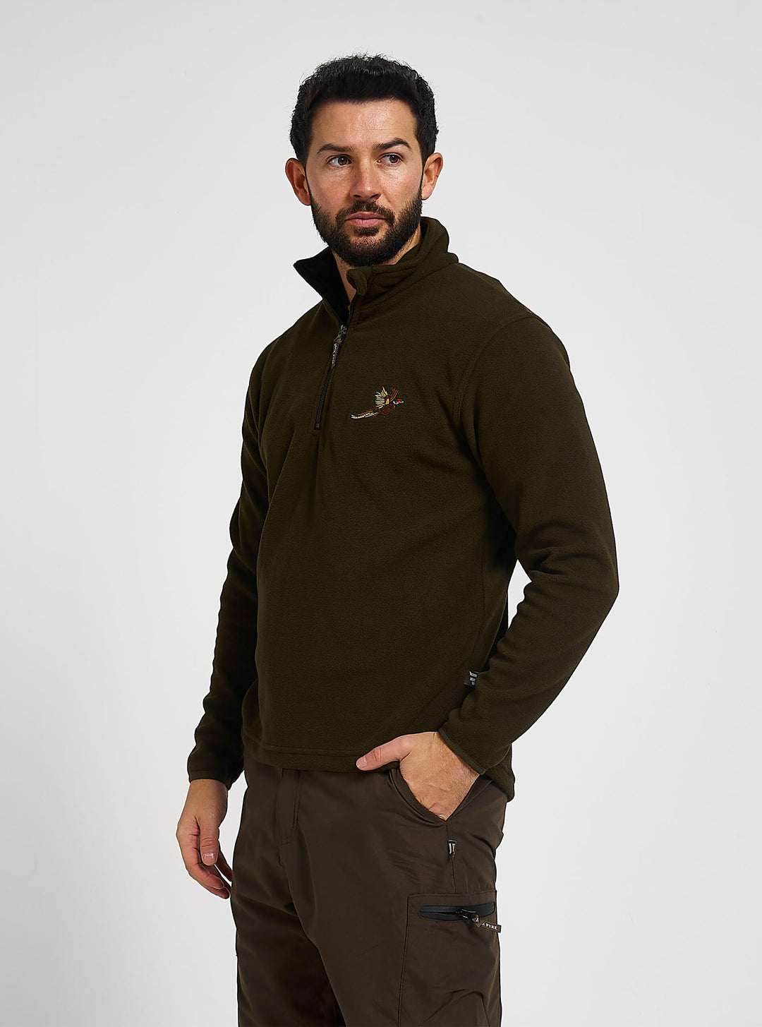 Jack Pyke Men’s Fleece Top 250GMS – Outdoor Fleece Pullover with Embroidered Pheasant Motif, Elasticated Cuffs & Extended Back, Field Jumper for Autumn, Winter