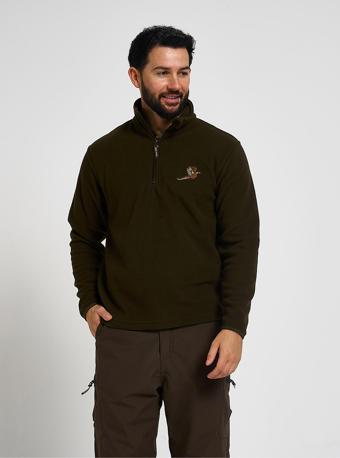 Jack Pyke Men’s Fleece Top 250GMS – Outdoor Fleece Pullover with Embroidered Pheasant Motif, Elasticated Cuffs & Extended Back, Field Jumper for Autumn, Winter