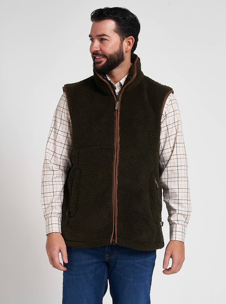 JACK PYKE Men's Dark Olive Countryman Chunky Fleece Waist-Length Gilet S-3XL