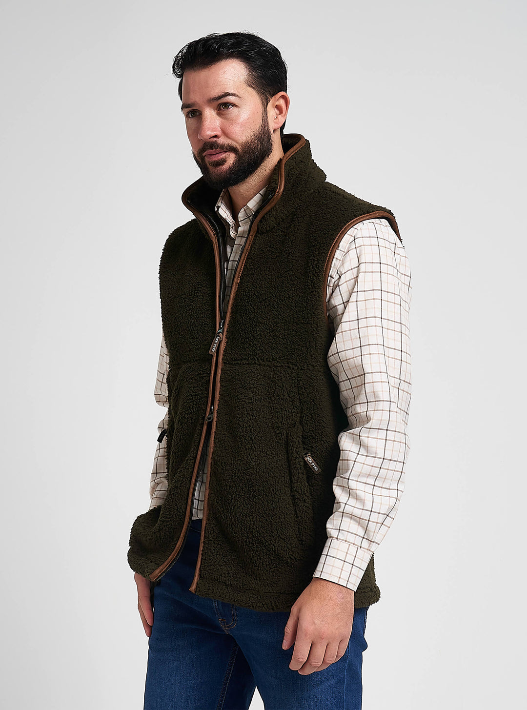 JACK PYKE Men's Dark Olive Countryman Chunky Fleece Waist-Length Gilet S-3XL