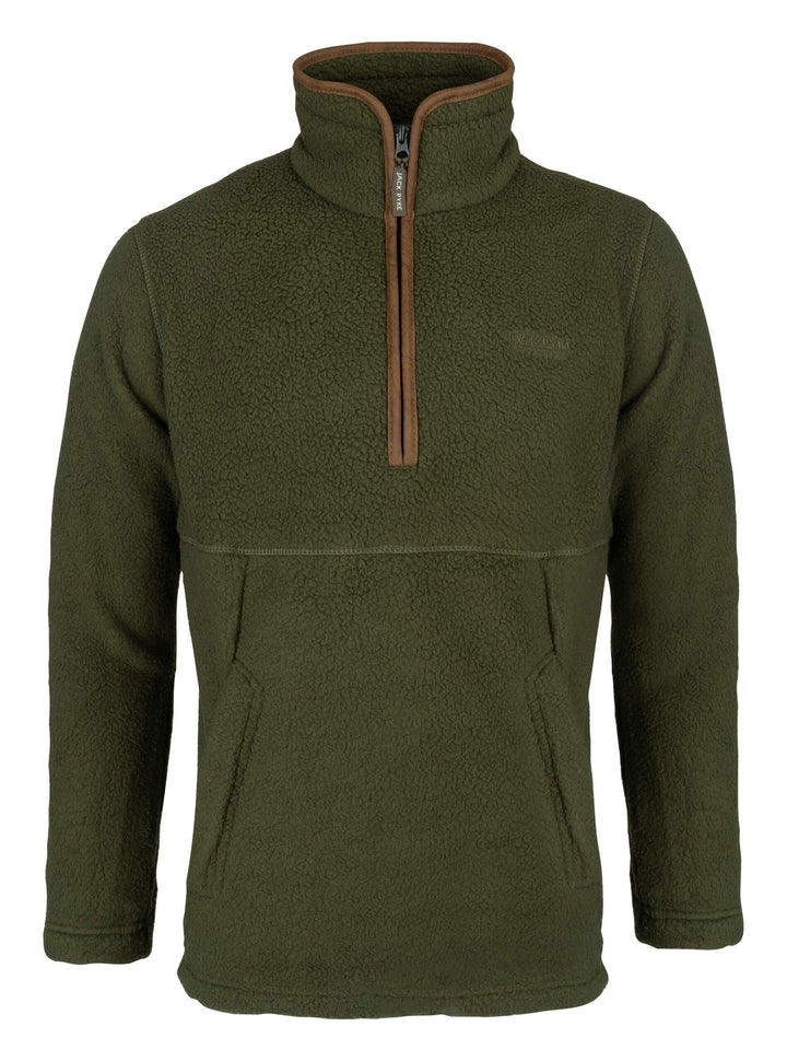 JACK PYKE Mens Half Zip Sherpa Fleece Pullover – Deep Pile Warm Outdoor Jumper with Zipped Kangaroo Pocket and Drawstring Waist – 100% Polyester Comfortable Country Mid Layer – Olive