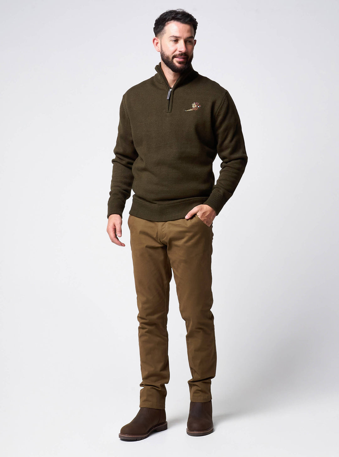 JACK PYKE Pheasant Men’s Jumpers – Quarter Zip Knitted Pullover, Long Sleeve Warm Sweatshirt with Ribbed Neck, Cuffs and Hem, Ideal for Outdoor Walks, Shooting and Casual Wear, Olive Green