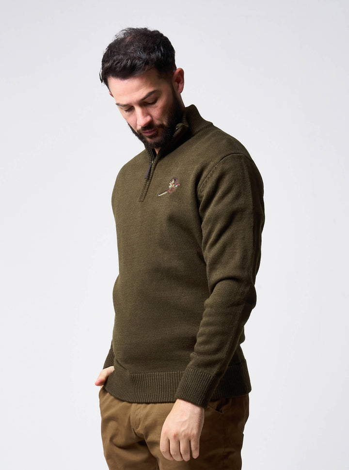 JACK PYKE Pheasant Men’s Jumpers – Quarter Zip Knitted Pullover, Long Sleeve Warm Sweatshirt with Ribbed Neck, Cuffs and Hem, Ideal for Outdoor Walks, Shooting and Casual Wear, Olive Green