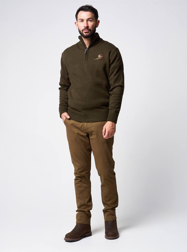 JACK PYKE Pheasant Men’s Jumpers – Quarter Zip Knitted Pullover, Long Sleeve Warm Sweatshirt with Ribbed Neck, Cuffs and Hem, Ideal for Outdoor Walks, Shooting and Casual Wear, Olive Green