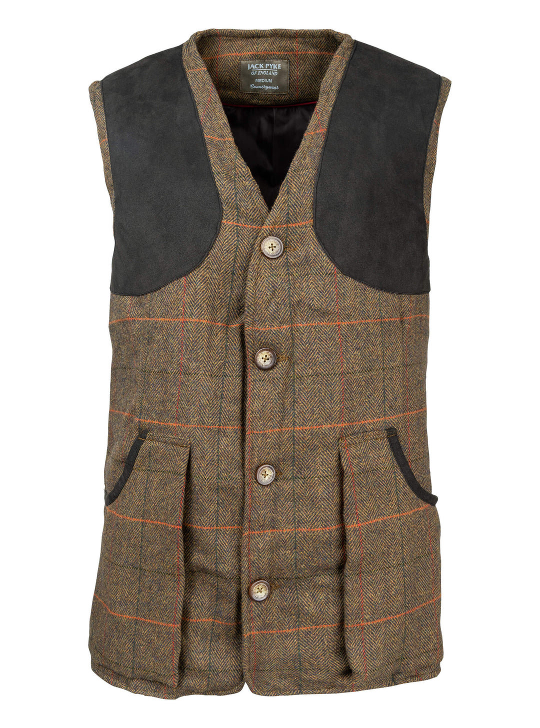 JACK PYKE Men’s Shooting Vest – Brown Tweed Waistcoat with Reinforced Shoulders, Deep Cartridge Pockets with Adjustable Back Strap for Outdoor Hunting & Clay Shooting