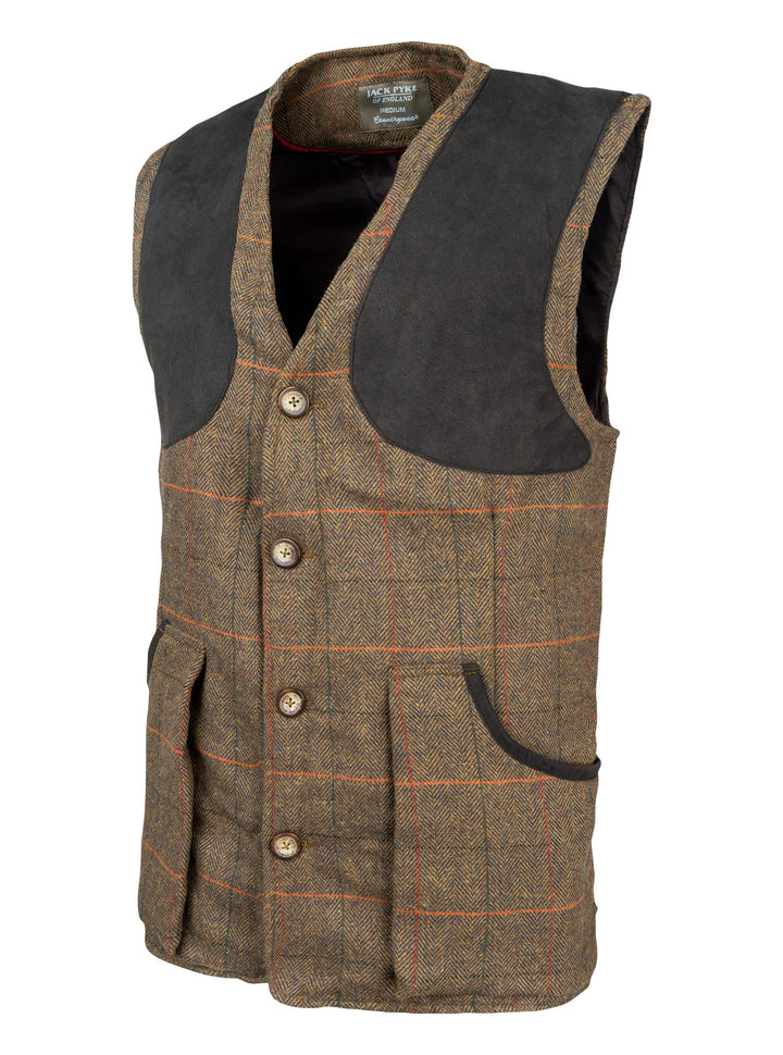 JACK PYKE Men’s Shooting Vest – Brown Tweed Waistcoat with Reinforced Shoulders, Deep Cartridge Pockets with Adjustable Back Strap for Outdoor Hunting & Clay Shooting