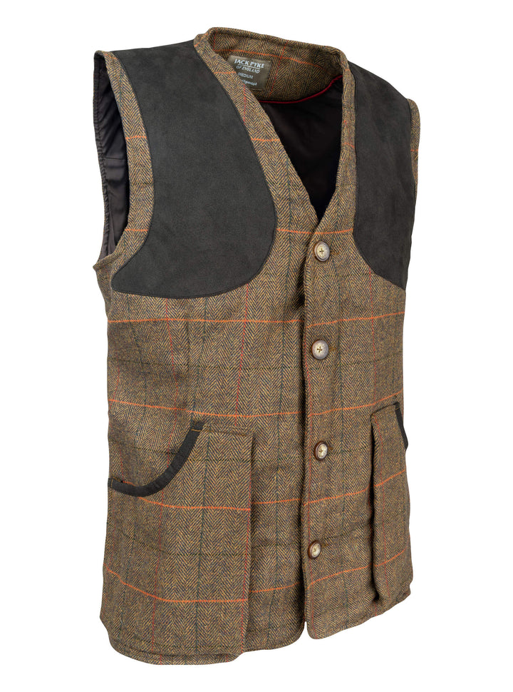 JACK PYKE Men’s Shooting Vest – Brown Tweed Waistcoat with Reinforced Shoulders, Deep Cartridge Pockets with Adjustable Back Strap for Outdoor Hunting & Clay Shooting