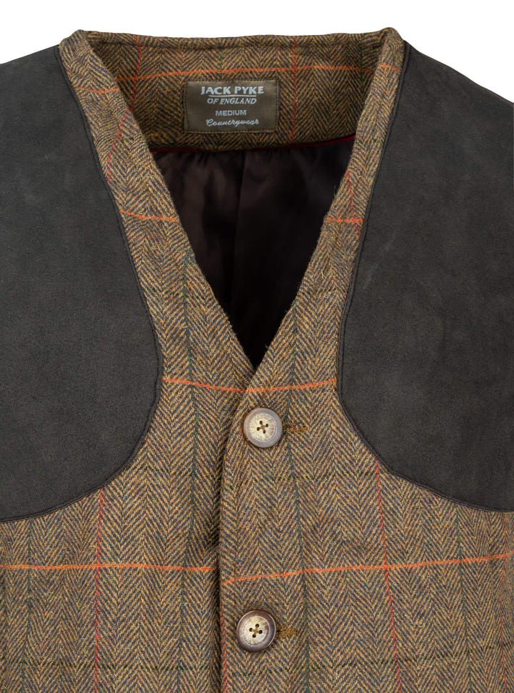 JACK PYKE Men’s Shooting Vest – Brown Tweed Waistcoat with Reinforced Shoulders, Deep Cartridge Pockets with Adjustable Back Strap for Outdoor Hunting & Clay Shooting