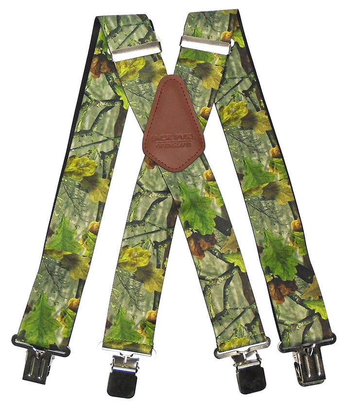 Jack Pyke Elasticated Braces for Men, 4 Strong Clips, Cross-Back Leather Trim, Adjustable 70-115cm, 35mm Wide Suspenders for Hunting, Shooting, Fishing, Field Sports